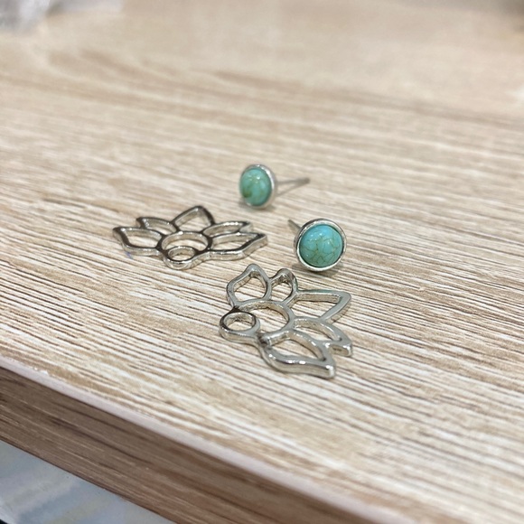 Silver Lotus Flower Green Stone Jacket Earring - Picture 3 of 5
